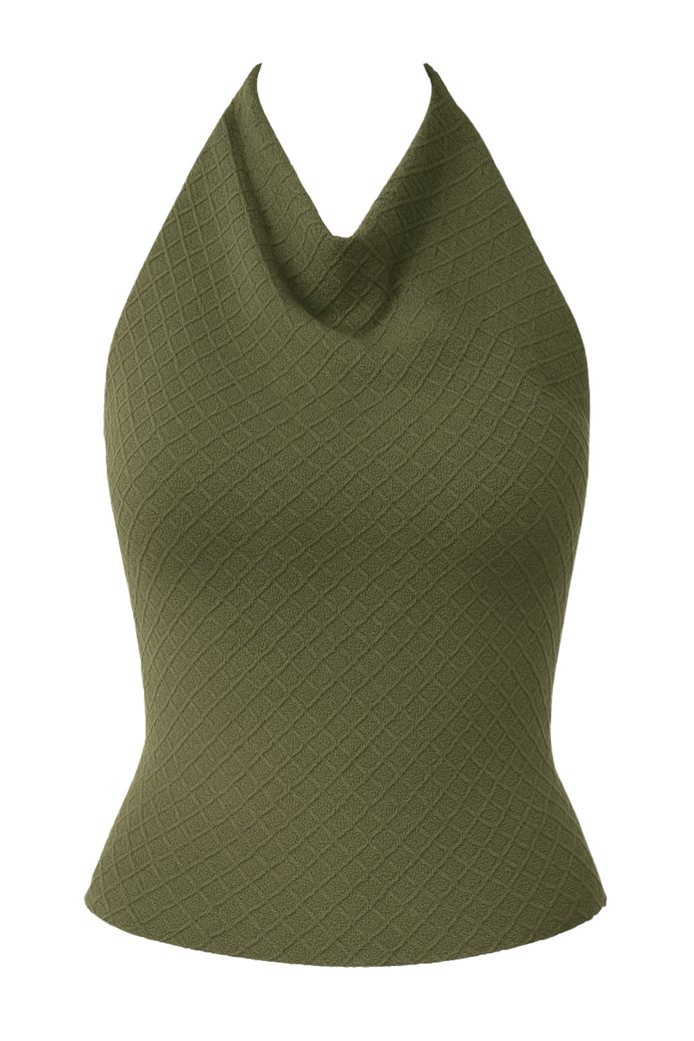 Top corto halter de fit ajustado, cuello fluido, sin mangas, elástico posterior y escote en espalda. Detalle de textura en tejido.