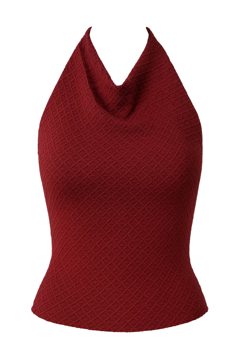 Top corto halter de fit ajustado, cuello fluido, sin mangas, elástico posterior y escote en espalda. Detalle de textura en tejido.