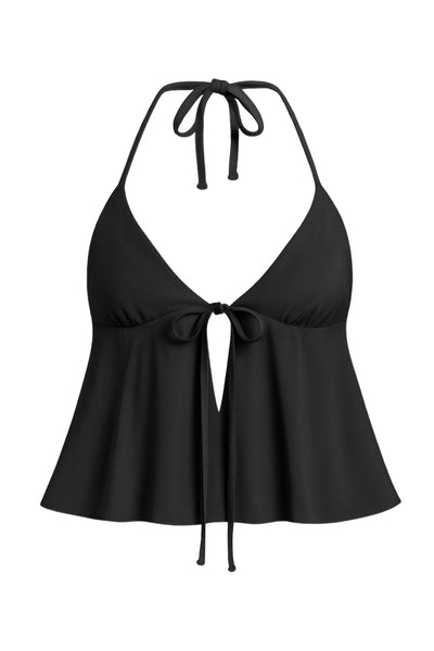 Top corto satinado de escote v con lazo amarrable frontal, rib elástico en espalda, tirantes halter con lazo amarrable posterior y abertura frontal en bajo. Detalle de peplum olanes en bajo.