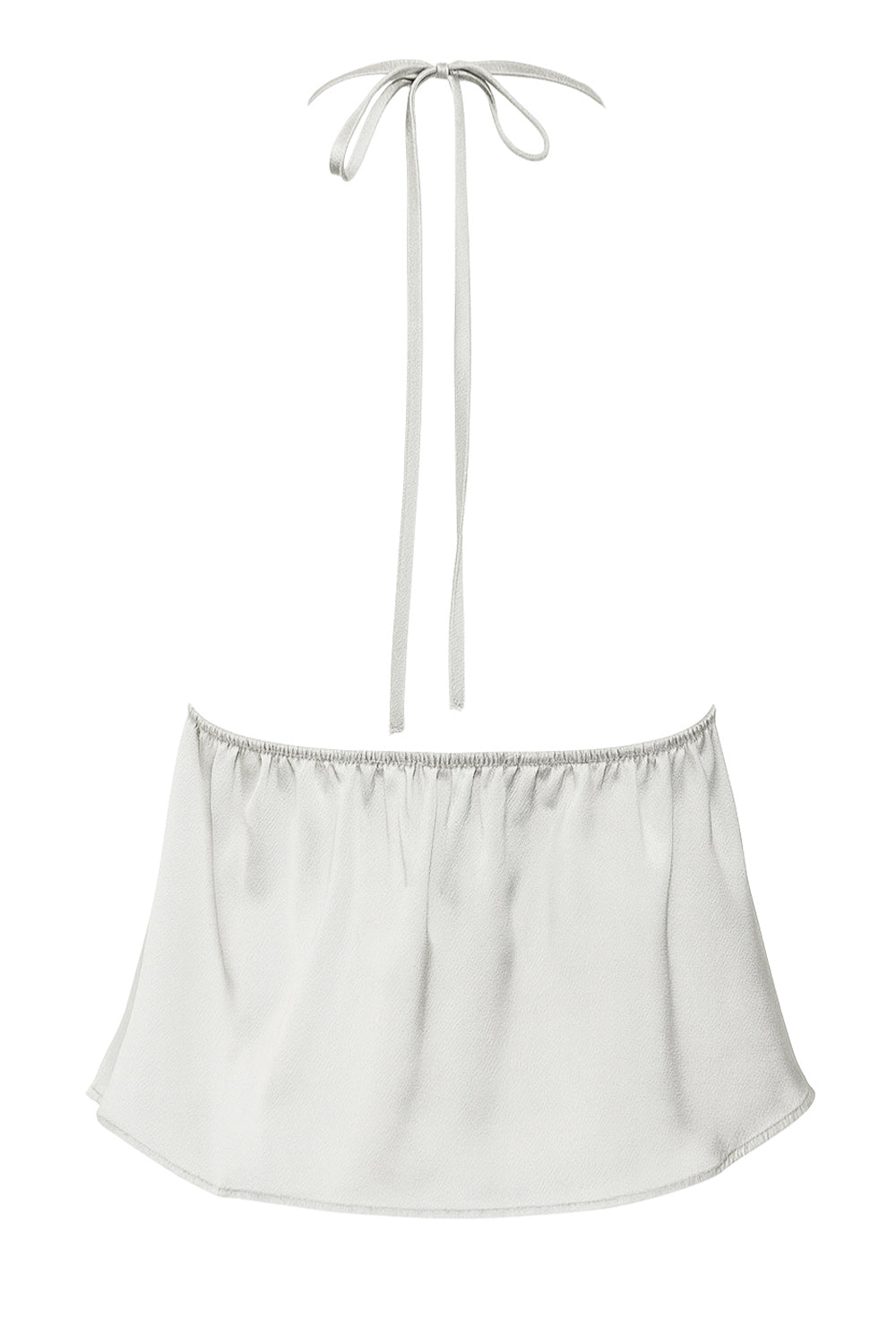 Top corto satinado de escote v con lazo amarrable frontal, rib elástico en espalda, tirantes halter con lazo amarrable posterior y abertura frontal en bajo. Detalle de peplum olanes en bajo.