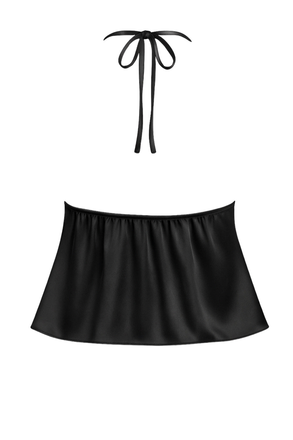 Top corto satinado de escote v con lazo amarrable frontal, rib elástico en espalda, tirantes halter con lazo amarrable posterior y abertura frontal en bajo. Detalle de peplum olanes en bajo.