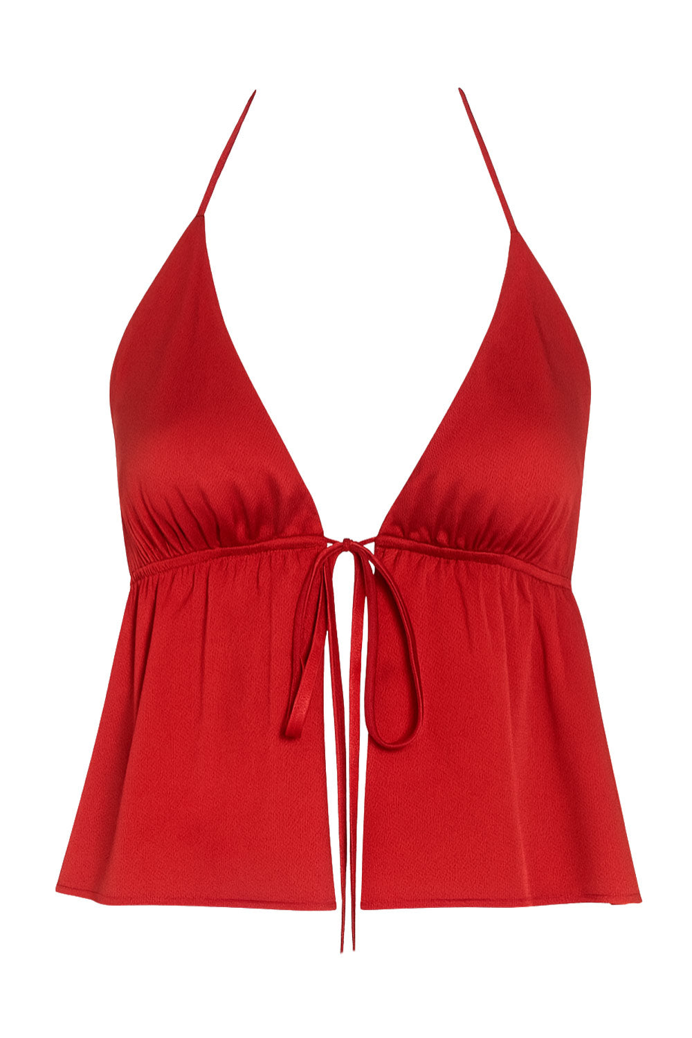 Top corto satinado de escote v con lazo amarrable frontal, rib elástico en espalda, tirantes halter con lazo amarrable posterior y abertura frontal en bajo. Detalle de peplum olanes en bajo.