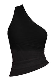 Top corto asimétrico de mesh, fit ajustado, un hombro, escote diagonal, sin mangas, detalles plisados en costado y bajo asimétrico con rib en borde.