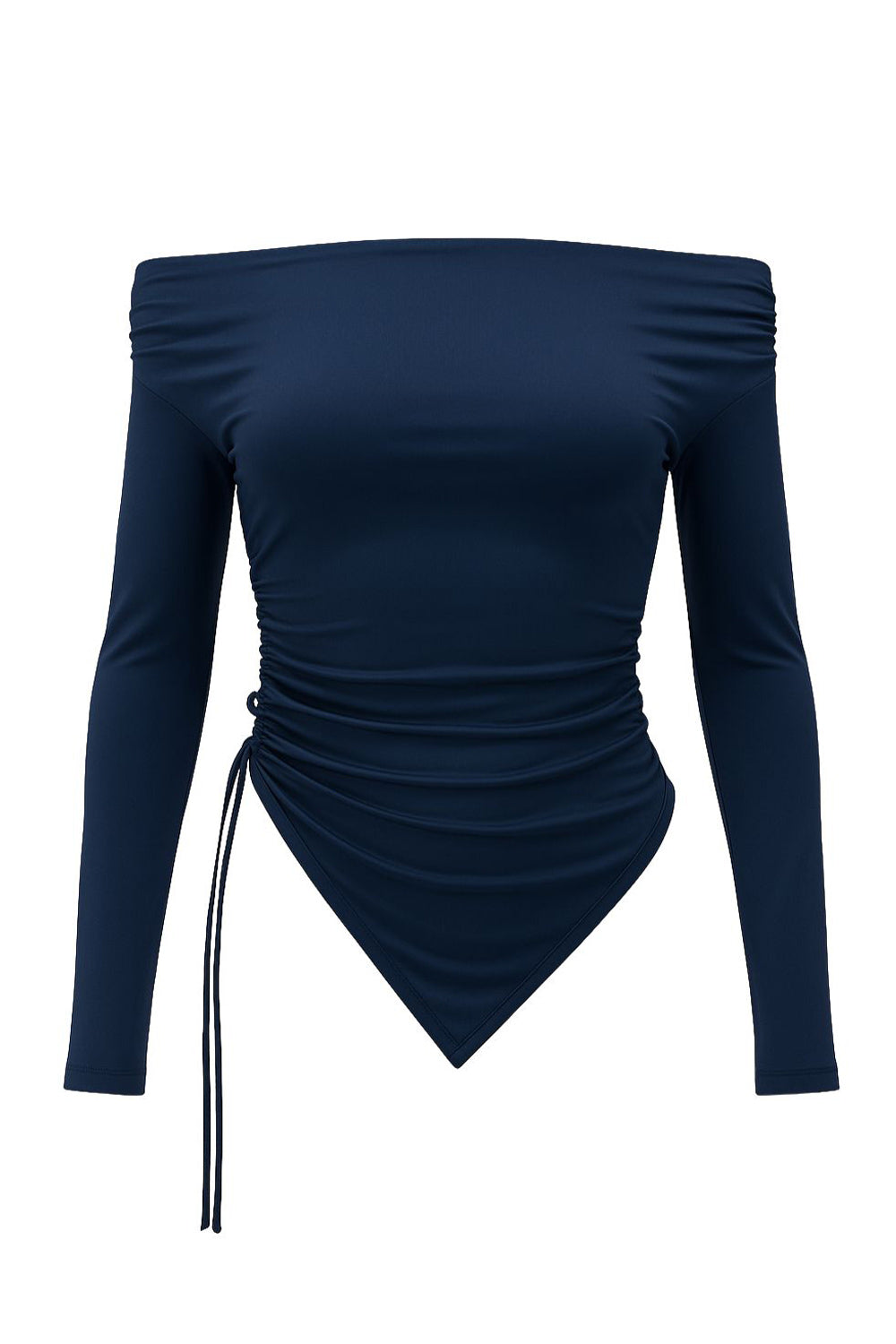 Top de fit ajustado, hombros descubiertos, escote recto, manga larga, plisados en costados y hombros, jareta ajustable lateral y bajo asimétrico.