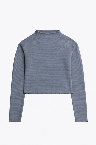 Top de manga larga con hombro caído, cuello mock seguido, fit recto, textura en tejido, detalle de rib en borde de bajo y puños.