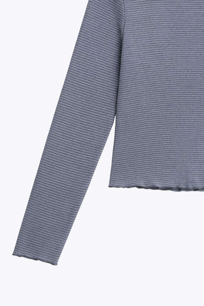 Top de manga larga con hombro caído, cuello mock seguido, fit recto, textura en tejido, detalle de rib en borde de bajo y puños.