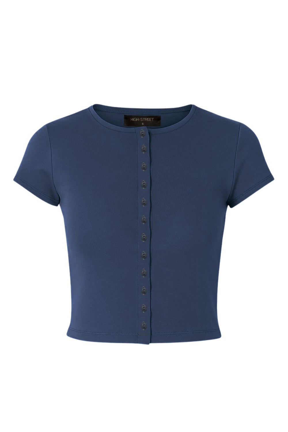 Top corto de fit ajustado, cuello redondo, manga corta y cierre frontal con hilera de botones.