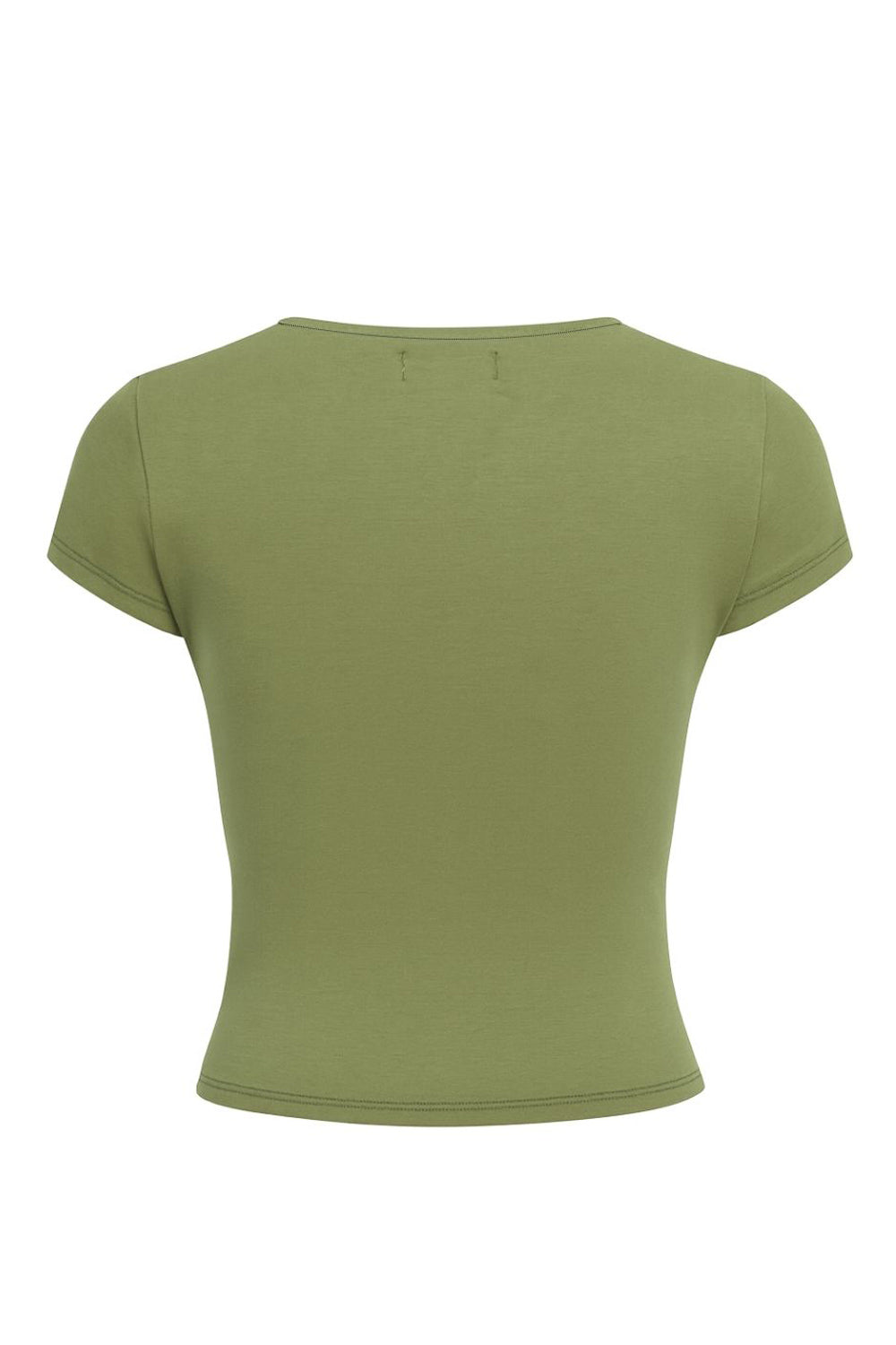 Top corto de fit ajustado, cuello redondo, manga corta y cierre frontal con hilera de botones.