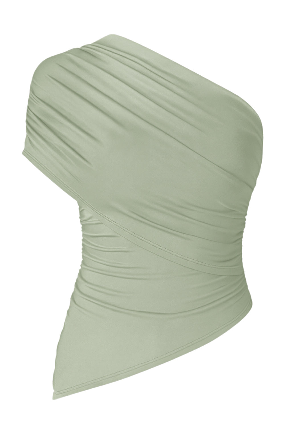 Top asimétrico de fit ajustado, escote diagonal con una manga corta seguida, hombro descubierto, plisados en hombro y costados.