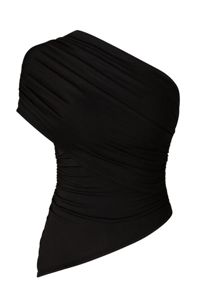 Top asimétrico de fit ajustado, escote diagonal con una manga corta seguida, hombro descubierto, plisados en hombro y costados.