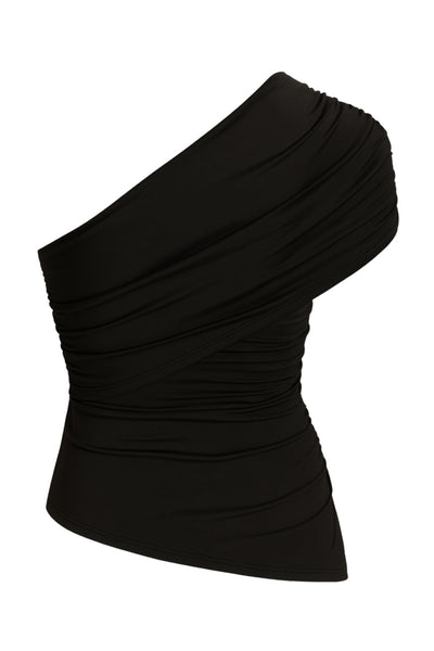 Top asimétrico de fit ajustado, escote diagonal con una manga corta seguida, hombro descubierto, plisados en hombro y costados.