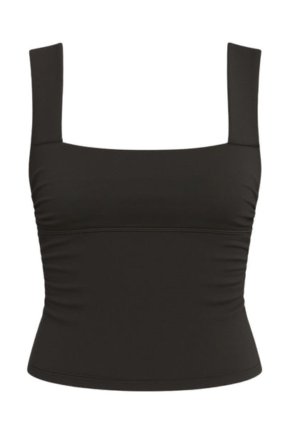 Top corto de fit ajustado, sin mangas, escote cuadrado, plisados en costados y detalle de lazo decorativo posterior.