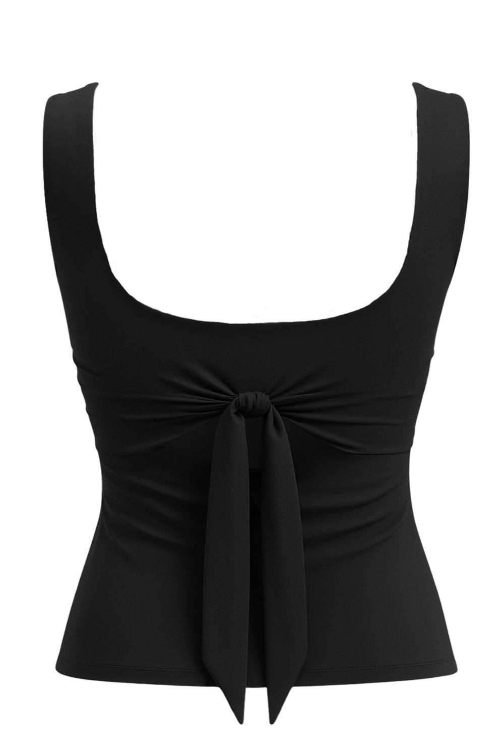 Top corto de fit ajustado, sin mangas, escote cuadrado, plisados en costados y detalle de lazo decorativo posterior.