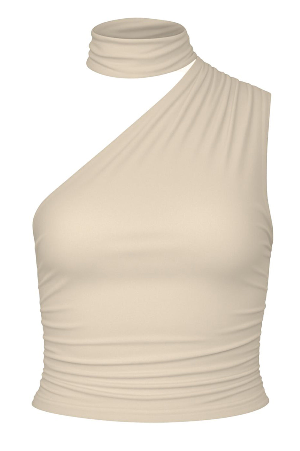 Top satinado asimétrico, de fit ajustado, detalles plisados laterales y en hombro, sin mangas, un hombro, escote diagonal y choker con plisados. Cierre posterior con botón y ojal.