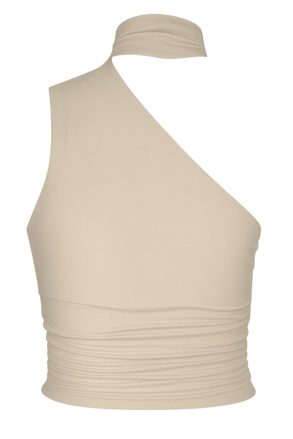 Top satinado asimétrico, de fit ajustado, detalles plisados laterales y en hombro, sin mangas, un hombro, escote diagonal y choker con plisados. Cierre posterior con botón y ojal.