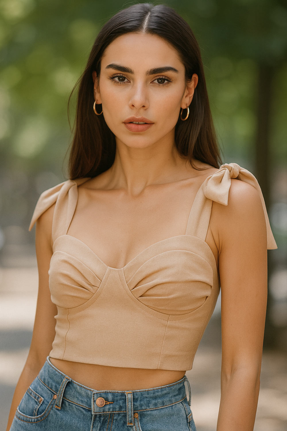 Crop top de lino, fit ajustado, escote corazón con cortes decorativos y detalles plisados, costuras frontales, tirantes con nudo amarrable y fruncido en espalda.