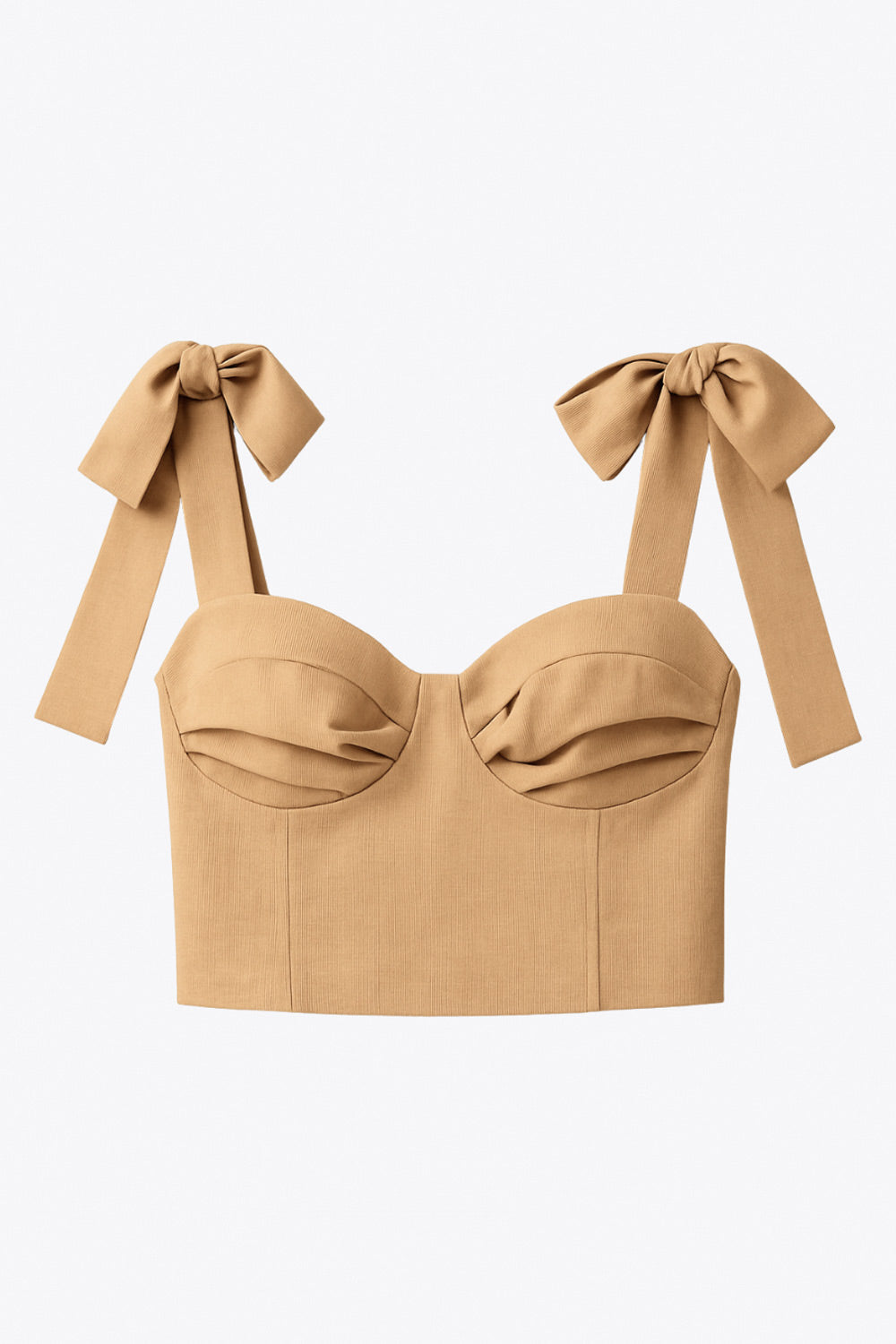 Crop top de lino, fit ajustado, escote corazón con cortes decorativos y detalles plisados, costuras frontales, tirantes con nudo amarrable y fruncido en espalda.