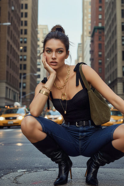 Crop top de fit ajustado, escote corazón con cortes decorativos, costuras frontales, tirantes con nudo amarrable y cierre posterior con cremallera visible en contraste.