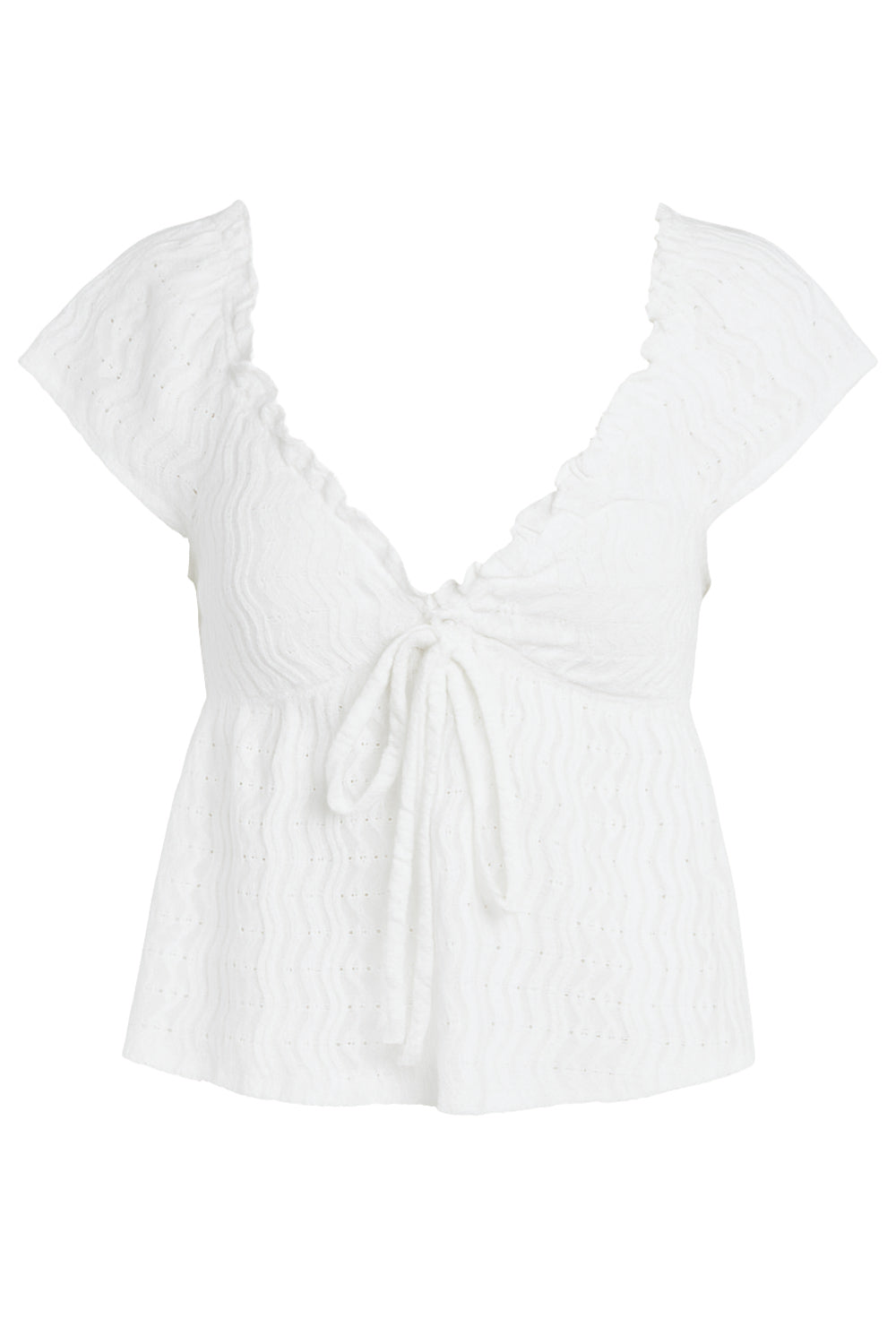 Blusa de manga corta con olanes, escote v con rib elástico y olanes en borde, cortes frontales, lazo amarrable, peplum con olanes en bajo y rib elástico posterior. Detalle de textura en tejido.