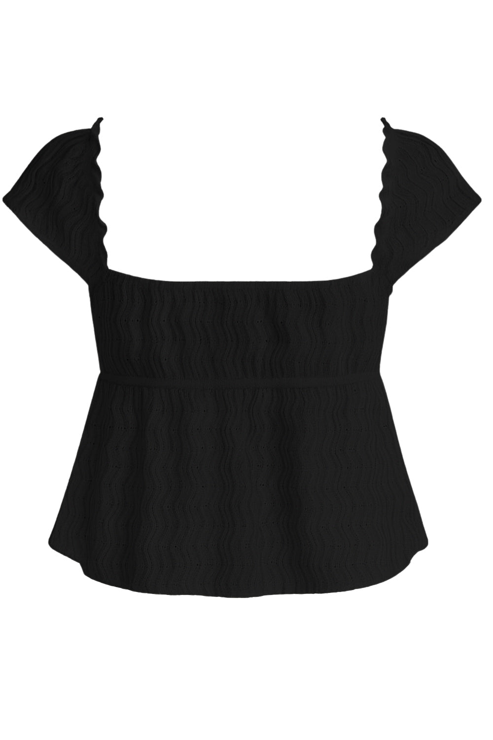 Blusa de manga corta con olanes, escote v con rib elástico y olanes en borde, cortes frontales, lazo amarrable, peplum con olanes en bajo y rib elástico posterior. Detalle de textura en tejido.