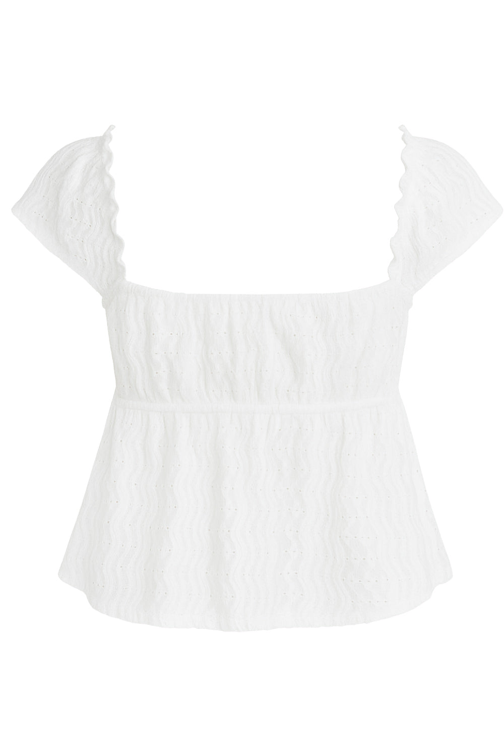 Blusa de manga corta con olanes, escote v con rib elástico y olanes en borde, cortes frontales, lazo amarrable, peplum con olanes en bajo y rib elástico posterior. Detalle de textura en tejido.