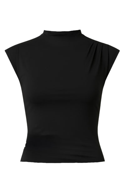 Top corto de cuello mock seguido, fit ajustado y manga corta seguida.