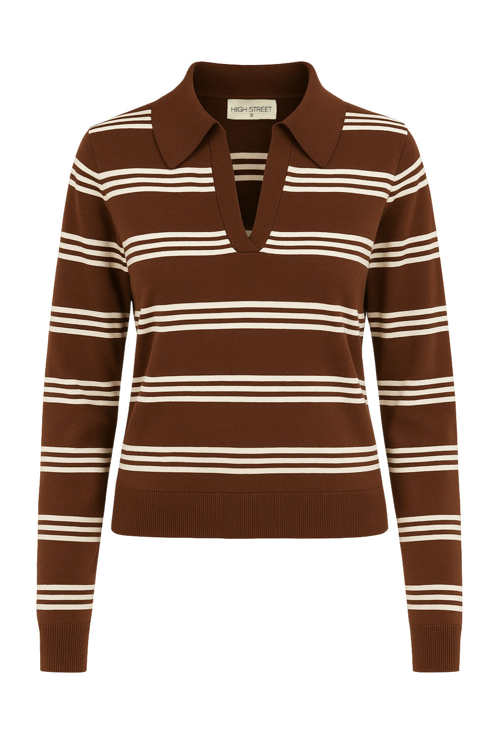 Top polo de punto, estampado rayas, fit recto, manga larga, escote v con cuello sport en contraste, rib en puños y bajo.