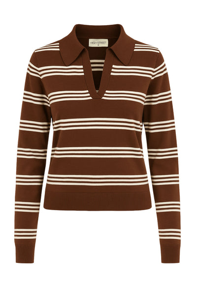 Top polo de punto, estampado rayas, fit recto, manga larga, escote v con cuello sport en contraste, rib en puños y bajo.