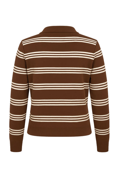 Top polo de punto, estampado rayas, fit recto, manga larga, escote v con cuello sport en contraste, rib en puños y bajo.