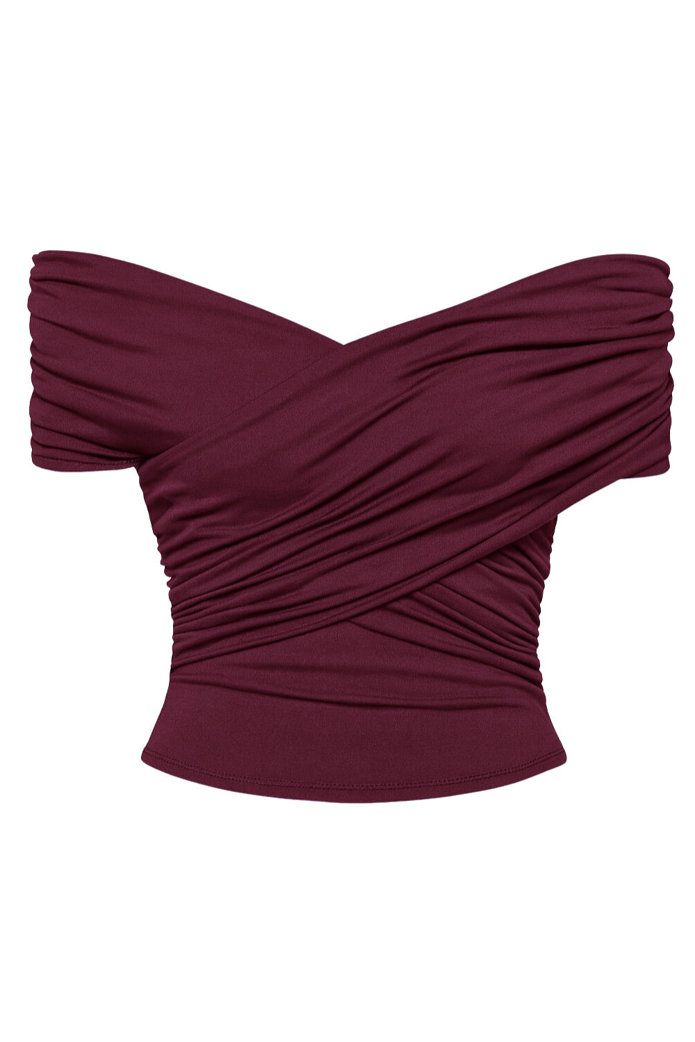 Top corto plisado de fit ajustado, escote v con cruce frontal, manga corta seguida, plisados en costados y hombros.