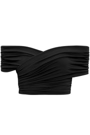 Top corto plisado de fit ajustado, escote v con cruce frontal, manga corta seguida, plisados en costados y hombros.