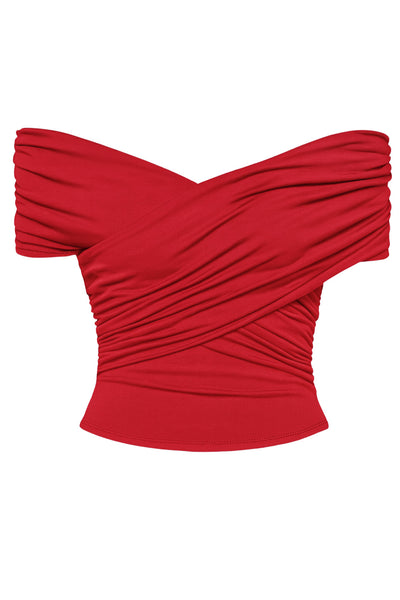 Top corto plisado de fit ajustado, escote v con cruce frontal, manga corta seguida, plisados en costados y hombros.