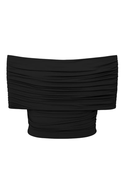 Top corto plisado de fit ajustado, escote v con cruce frontal, manga corta seguida, plisados en costados y hombros.