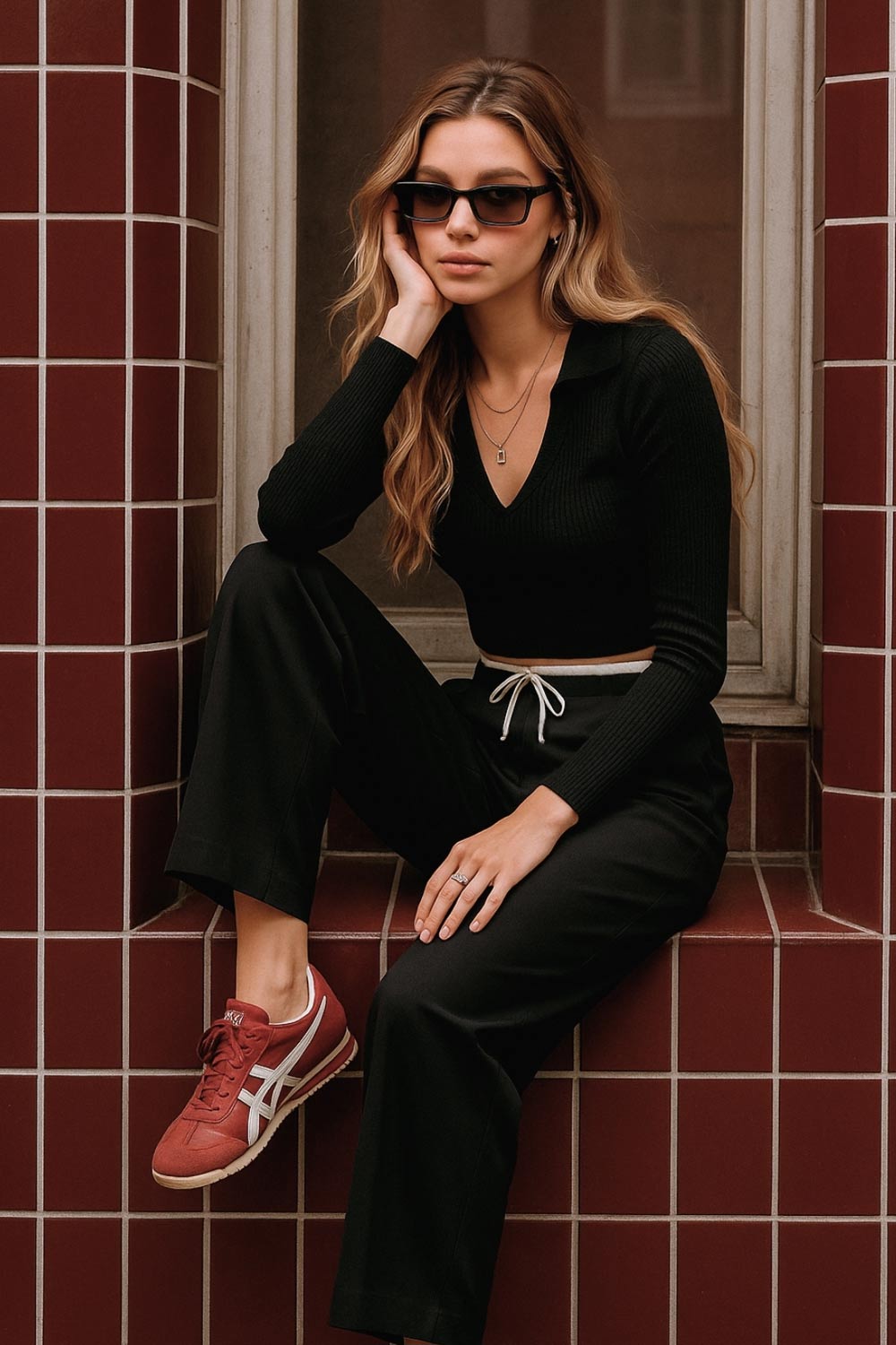 Top canalé de punto, fit ajustado, manga corta y escote v con cuello polo.