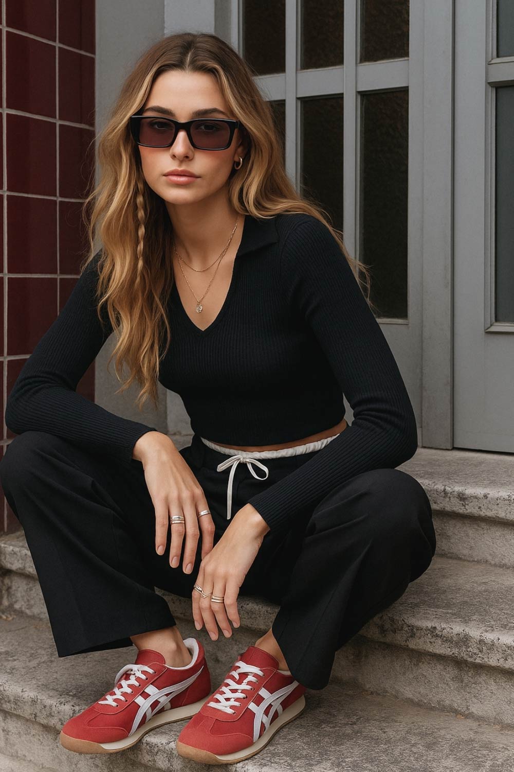 Top canalé de punto, fit ajustado, manga corta y escote v con cuello polo.