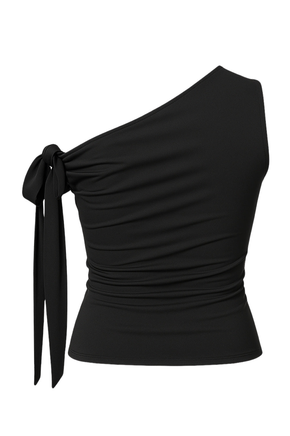 Top asimétrico de fit ajustado, sin mangas, escote diagonal, hombro descubierto y detalle decorativo de nudo amarrable.