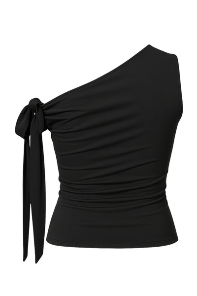 Top asimétrico de fit ajustado, sin mangas, escote diagonal, hombro descubierto y detalle decorativo de nudo amarrable.