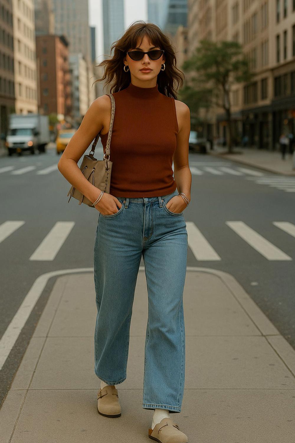 Top canalé básico de fit ajustado, sin mangas y cuello alto seguido.