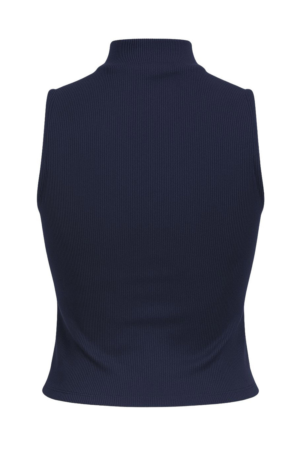 Top canalé básico de fit ajustado, sin mangas y cuello alto seguido.