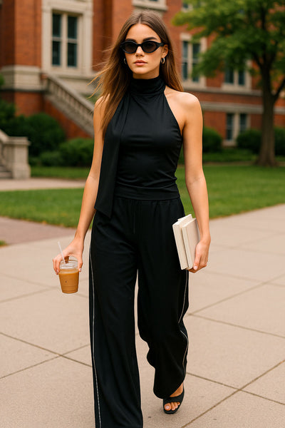 Top de fit ajustado, sin mangas, escote en espalda, cuello halter con plisados y nudo amarrable.