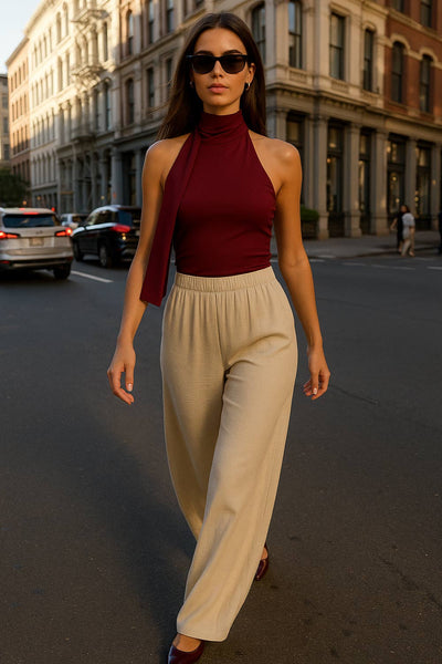 Top de fit ajustado, sin mangas, escote en espalda, cuello halter con plisados y nudo amarrable.