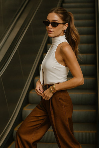 Top de fit ajustado, sin mangas, escote en espalda, cuello halter con plisados y nudo amarrable.