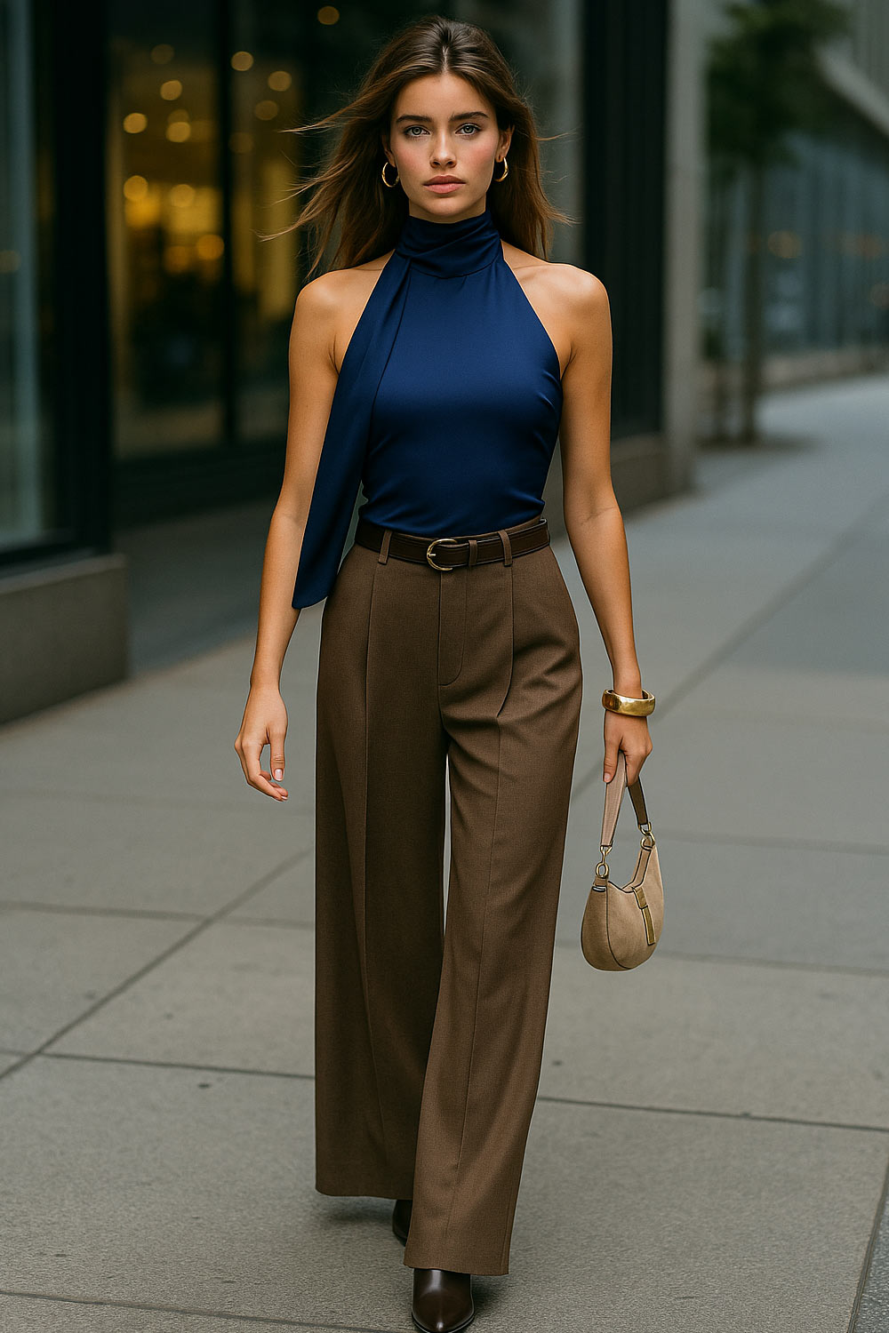 Top de fit ajustado, sin mangas, escote en espalda, cuello halter con plisados y nudo amarrable.