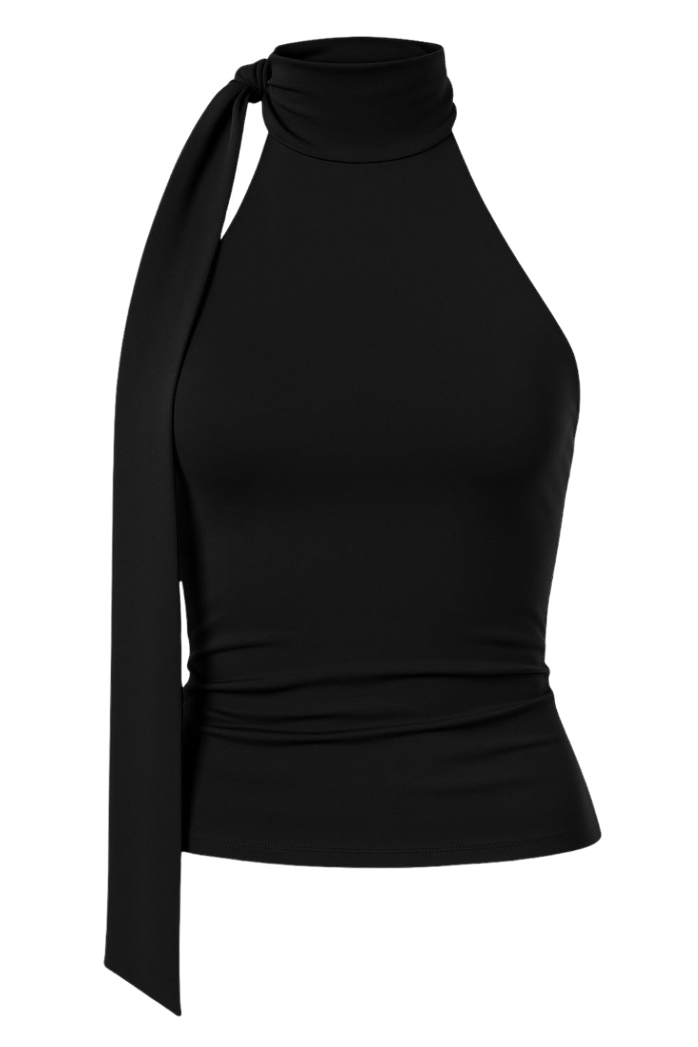 Top de fit ajustado, sin mangas, escote en espalda, cuello halter con plisados y nudo amarrable.