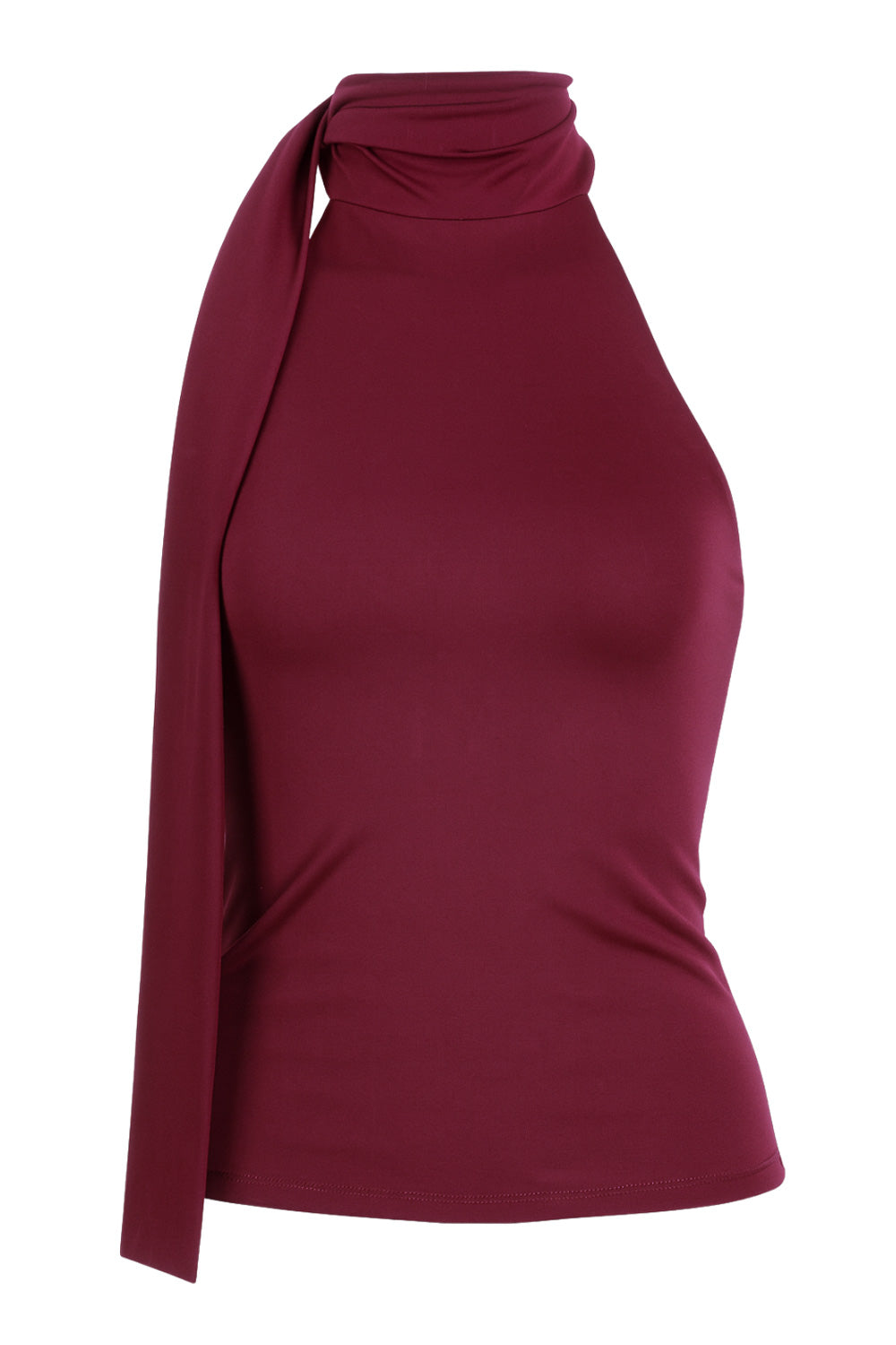 Top de fit ajustado, sin mangas, escote en espalda, cuello halter con plisados y nudo amarrable.