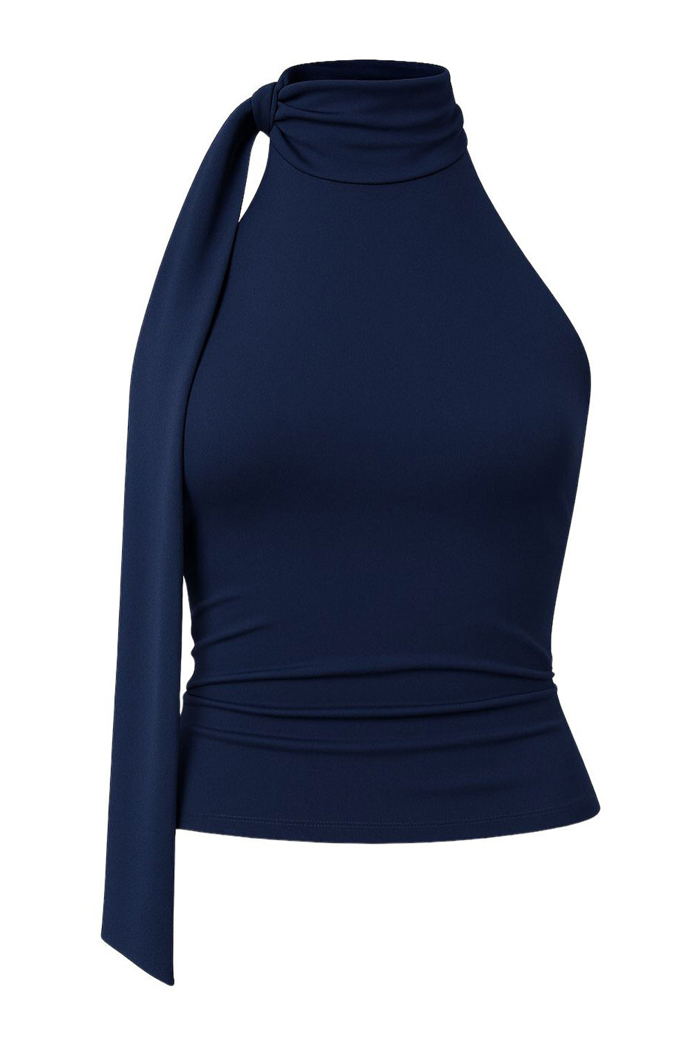 Top de fit ajustado, sin mangas, escote en espalda, cuello halter con plisados y nudo amarrable.