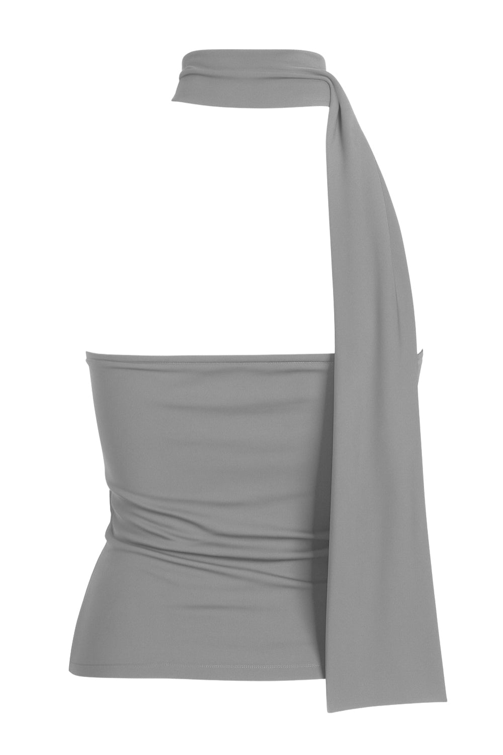 Top de fit ajustado, sin mangas, escote en espalda, cuello halter con plisados y nudo amarrable.