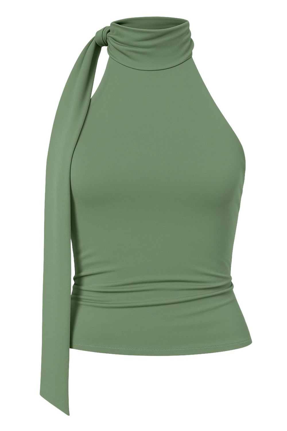 Top de fit ajustado, sin mangas, escote en espalda, cuello halter con plisados y nudo amarrable.