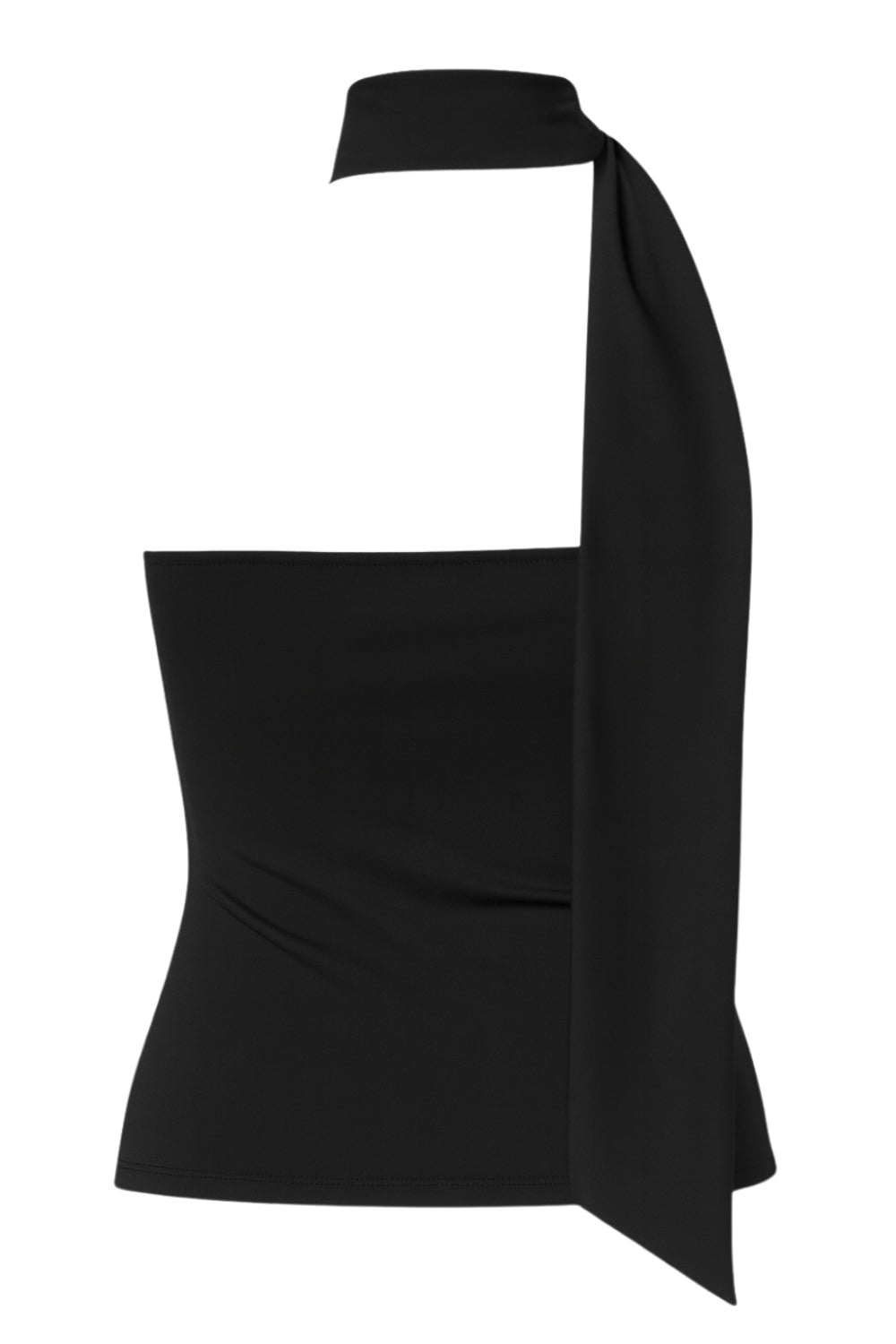 Top de fit ajustado, sin mangas, escote en espalda, cuello halter con plisados y nudo amarrable.