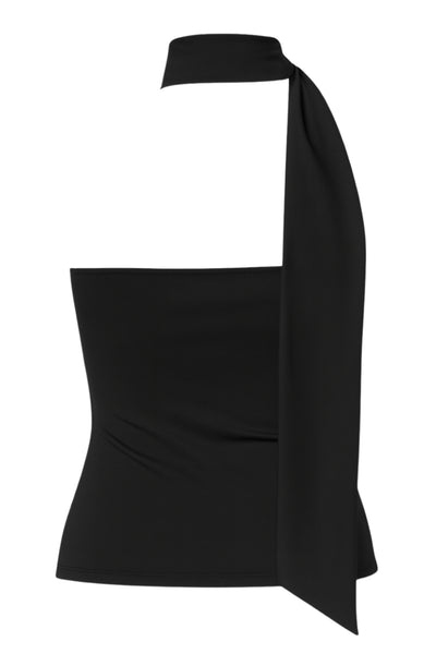 Top de fit ajustado, sin mangas, escote en espalda, cuello halter con plisados y nudo amarrable.
